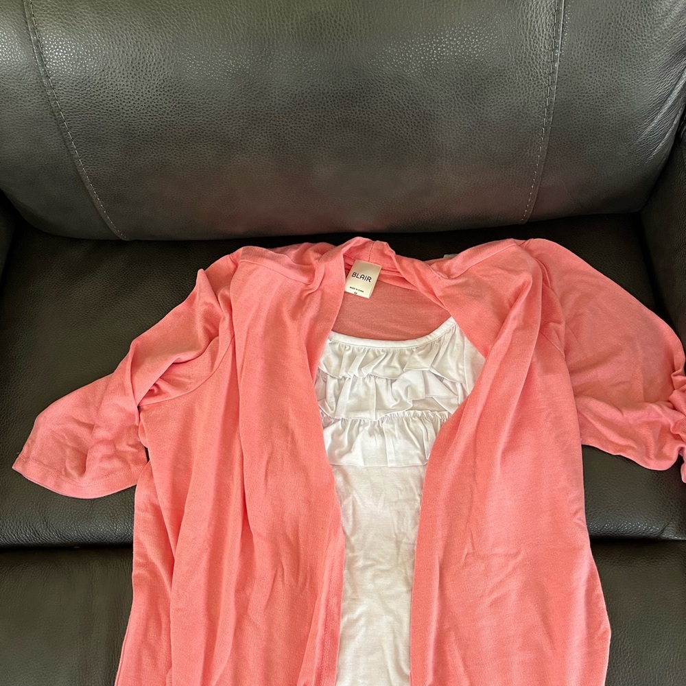 Coral color one piece cardigan with white attached tank